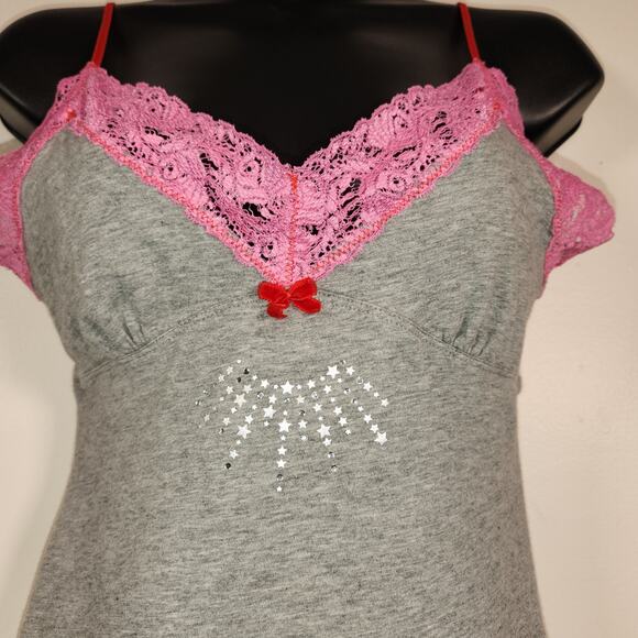 PINK by VICTORIA'S SECRET Camisole Top S Grey Pink Babydoll Lace Bow Bling Star - Picture 8 of 10